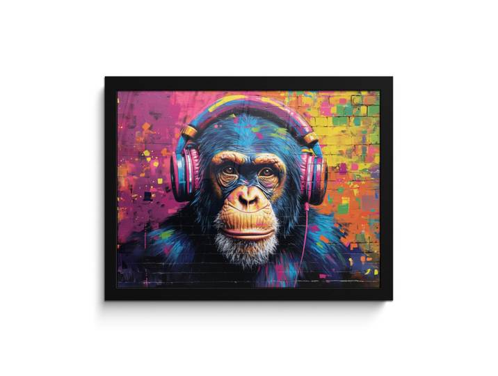 MuchoWow Poster MIT Rahmengerahmtes Bild - Graffiti - Schimpanse - Straßenkunst - Kopfhörer - Affe - 40x30 cm, Blau, Papier, Rechteckig, 40x30 cm, gerahmt, Bilder & Rahmen, Bilder