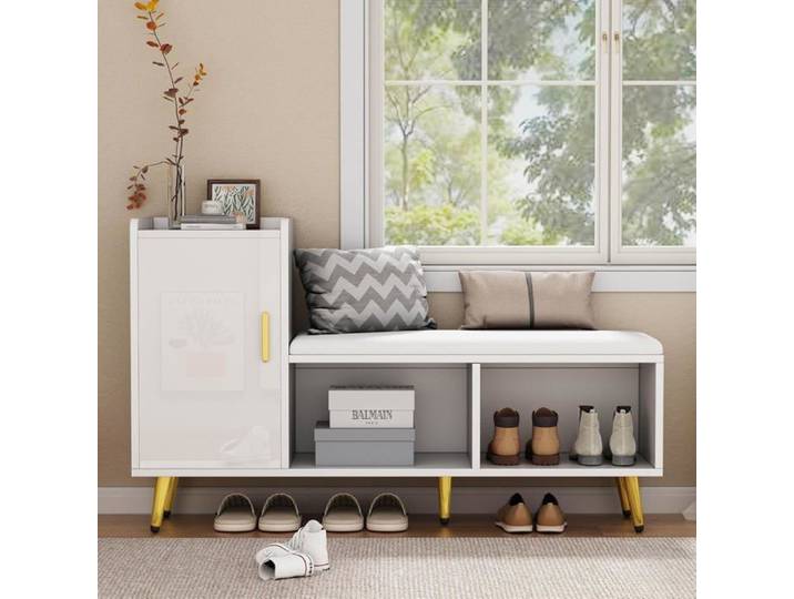 Meuble à Chaussures Blanc Brillant avec Banc Rembourré Armoire à Chaussure avec Tablettes Réglables pour Couloir Salon Vestiaire