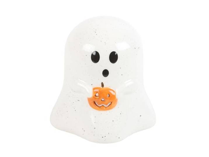 Grillige Ghost theelichthouder met pompoenaccent - Halloween-decor voor sfeer - kwaliteit vakmanschap - veelzijdige tafeldecoratie op 11 cm hoog