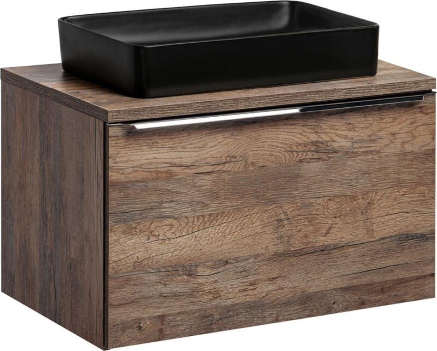 Badezimmer-Set VANTA Eiche: Waschtischunterschrank 80 cm + Waschtischplatte + 1 schwarzes Aufsatzwaschbecken