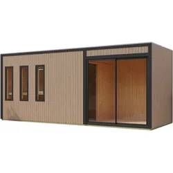 Karibu Design Saunahaus Monterey mit Douglasie-Lamellenprofil - 73 mm Douglasie/Schwarz Ohne Terrasse 9 kW Bio-Kombiofen inkl. Steuergerät (finnisch & Dampfbad)