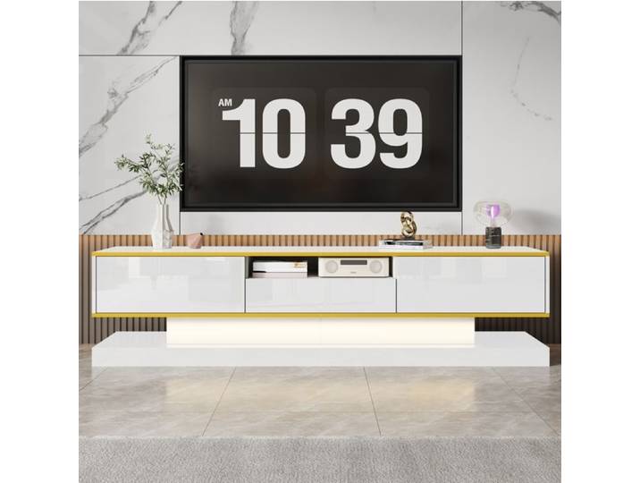 Meuble TV - TANANT - 180x38x45 cm - 3 tiroirs - Éclairage LED - Blanc brillant