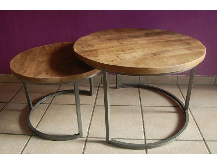 Couchcenter Couchtisch 2er Set Couchtisch Mangoholz rund Metall Mango Satztische Silber grau (2er Set)