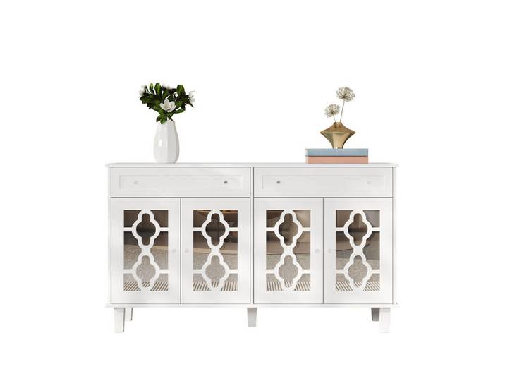 Redom Sideboard 140/40/83 cm, 4 Spiegeltüren, 2 Schubladen, MDF weiß, mit kristallförmigen Griffen, Weiß, 140x83x40 cm, Kleinmöbel, Kommoden, Sideboards