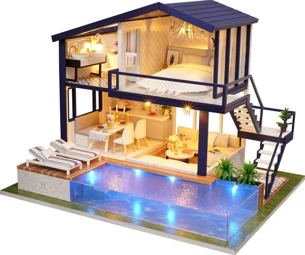 Cocosity Zelfbouw miniatuur houten villa met zwembad modelbouwpakket