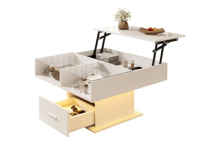 Table basse multifonctionnelle - Haute brillance - Éclairage LED - Hauteur réglable - 78x78 cm