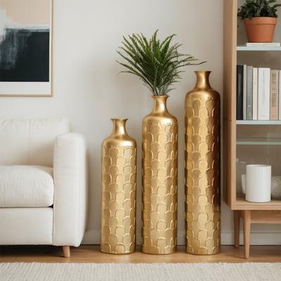 Gorgeous Home Decoration Set of 3 Large Glazed Metal Vases, Gold Textured Cylindrical Design for Elegant Interior Styling