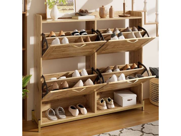 Meuble à Chaussures Meuble à Chaussures Bois avec 4 Portes et Rangement Pratique - Cadre Métal Étagères Bois Couleur