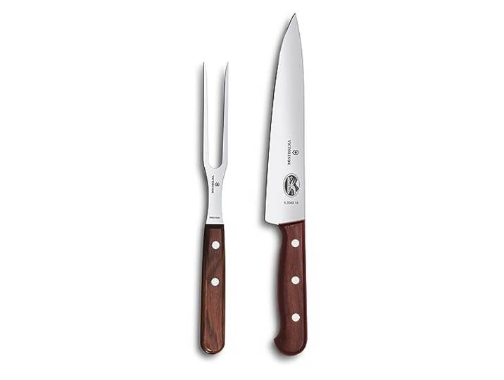 Victorinox Wood, Profi Tranchier-Set, 2-teilig, Tranchiermesser und Gabel, Rostfreier Stahl, Edler Holzgriff, braun