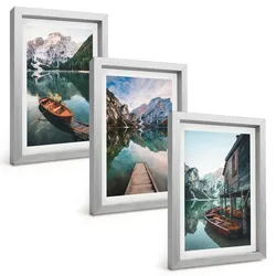 BILDER SET 3er Set - 20x30 cm Silberner Rahmen - See, Berge, Boote, Ferienhaus