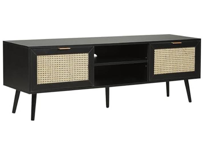 Beliani TV-Möbel Schwarz 2 Türen TV-Schrank Rattan Modern Holzwerkstoff, Melamin, 150 x 40 x 52 cm