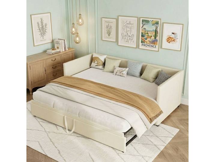 Lit gigogne 90x190 SUNFECILI lit 90x190 lit gigogne 2 places avec sommier à lattes tissu en velours lit 2 personnes Beige
