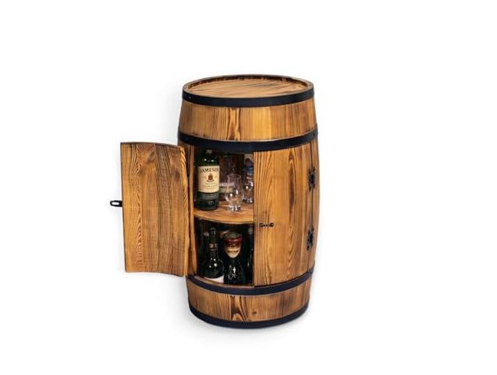 CREATIVE COOPER Fassbar Stehtisch mit Tür - Alkoholschrank Flaschenregal Holz - Holzfass - Fassmöbel - Wineregal - Whiskybar- Weinfass mit Tür - 80 cm (Sonnenverbranntes Eiche)