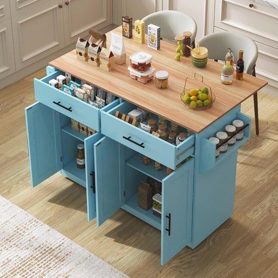 WAN Keukeneiland Dressoir met Inklapbaar Dienblad en Wielen, Blauw, B: 120 cm, D: 46 cm, H: 91 cm