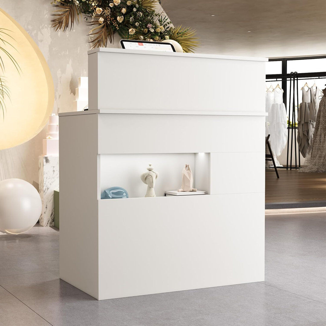 Metro 80cm Wide Desk with LED Lighting Display Shelf, Keyboard Tray, 1 Lockable Drawer, White White