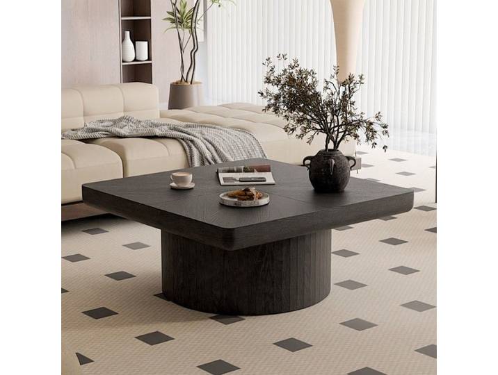 Table basse carrée 78x78x38cm noir salon plateau bois parquet pieds cylindriques montage simple