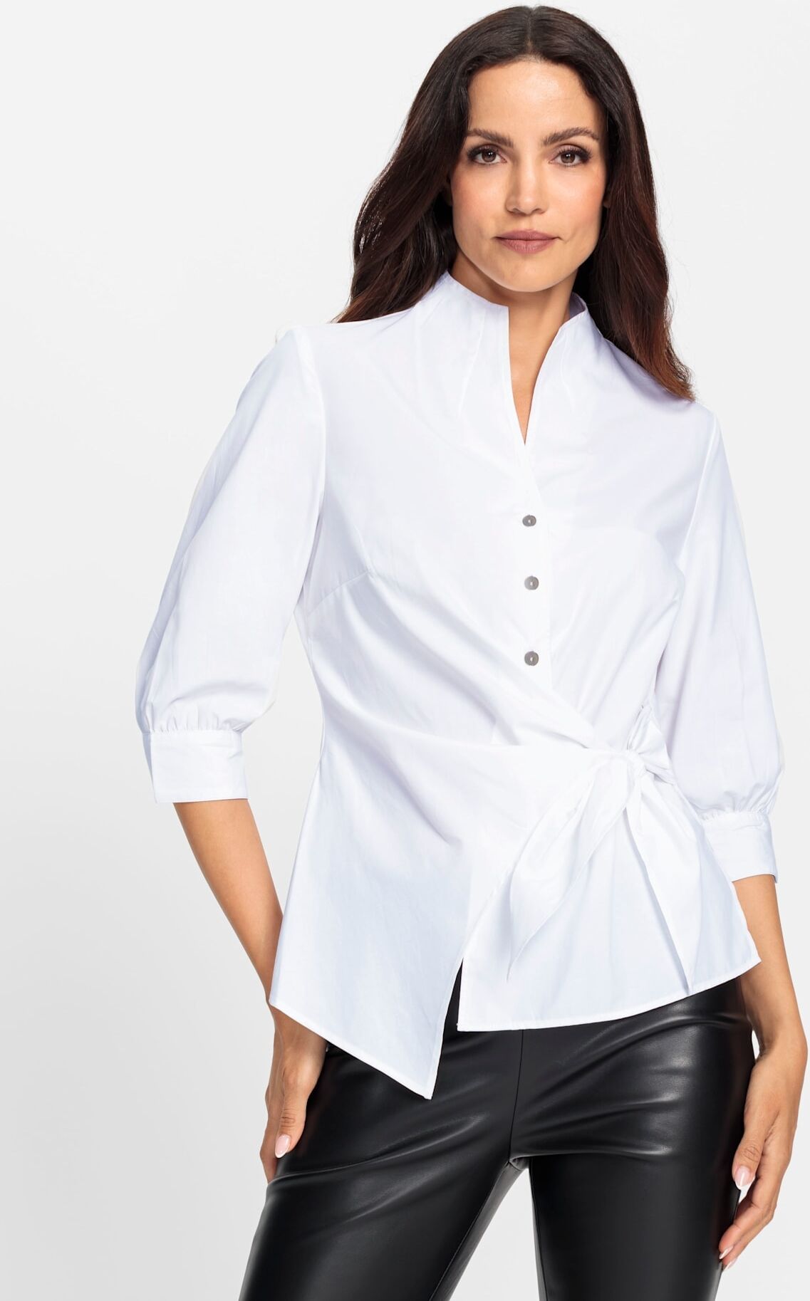 Wickelbluse HEINE, Damen, Gr. 48, weiss (weiß), 50% Baumwolle, 50% Polyester, unifarben, Blusen Wickelbluse weiß 48