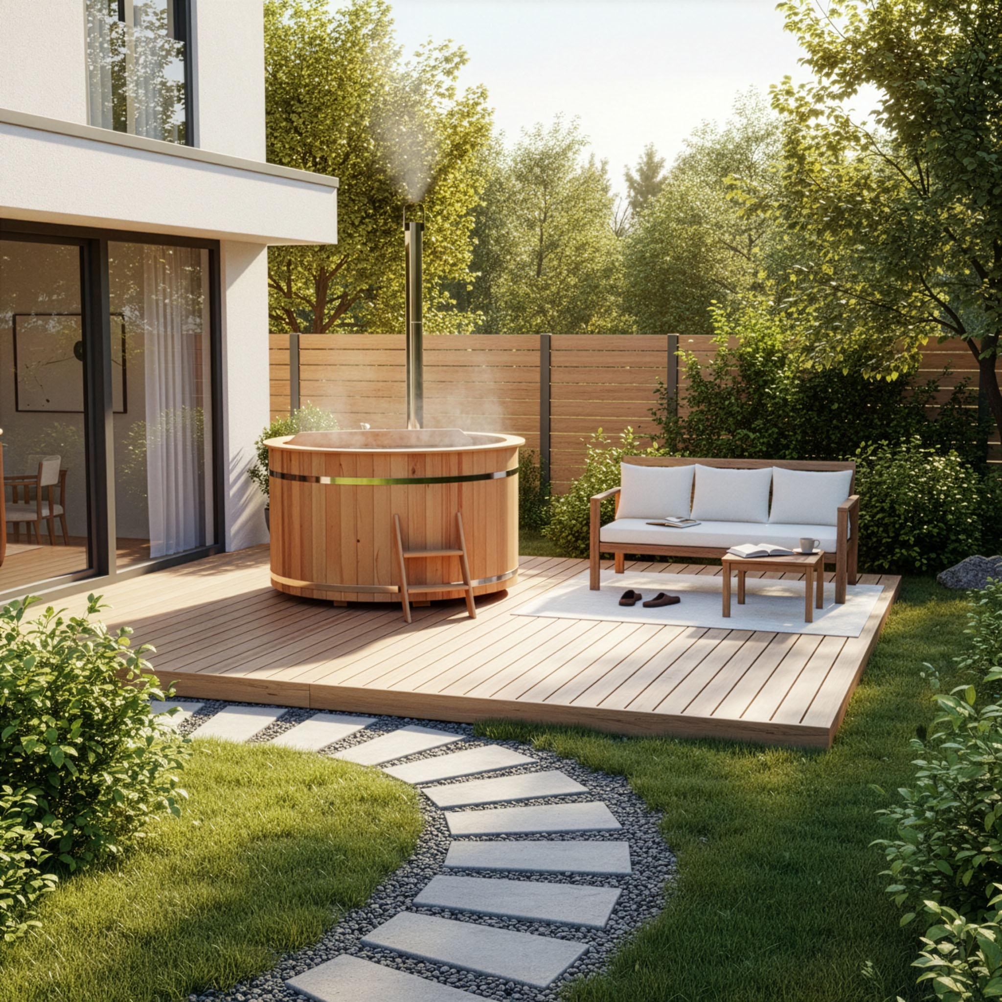 FinnTherm Holz Badefass Bergen Ø 160 cm inkl. Ofen, Einstiegsleiter & Bänke