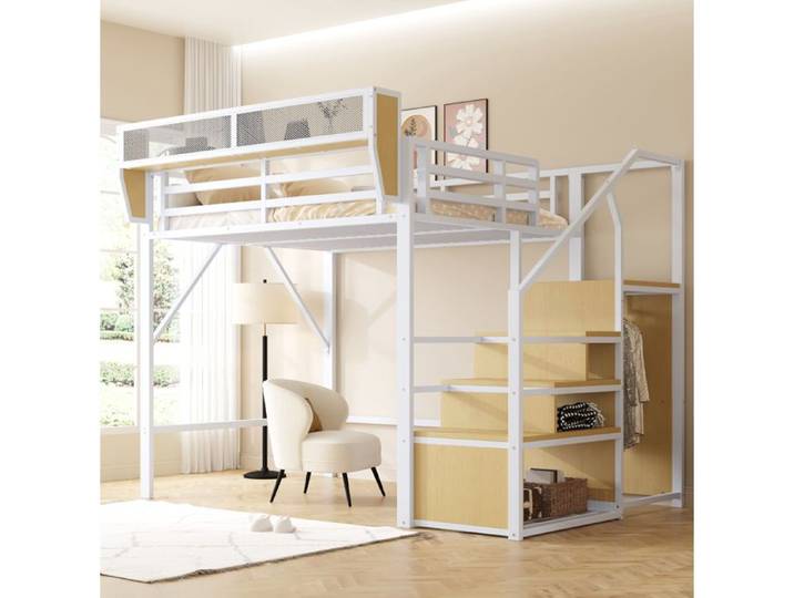 Lit mezzanine 140 x 200 cm blanc en métal et MDF avec échelle sécurisée et étagère modulable
