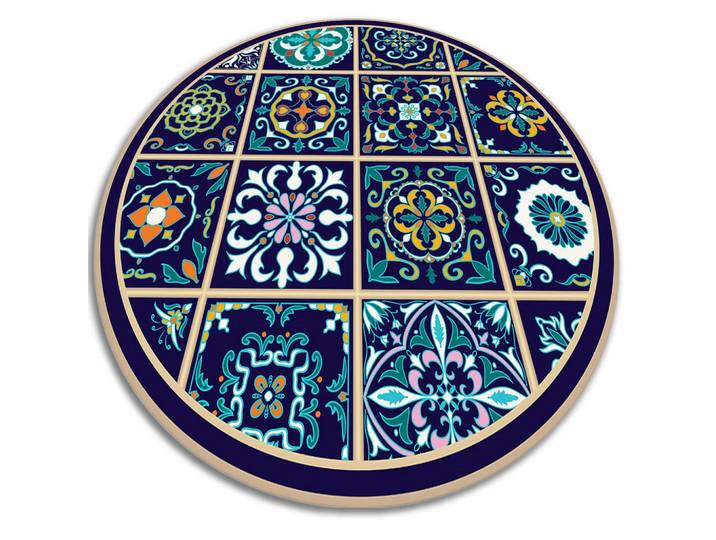 Tulup Vinyl Teppich Ø120 cm Portugiesische Fliesen, Dunkelblau, Kunststoff, Rund, 120x120 cm, Teppiche und Böden, Teppiche, Outdoorteppiche