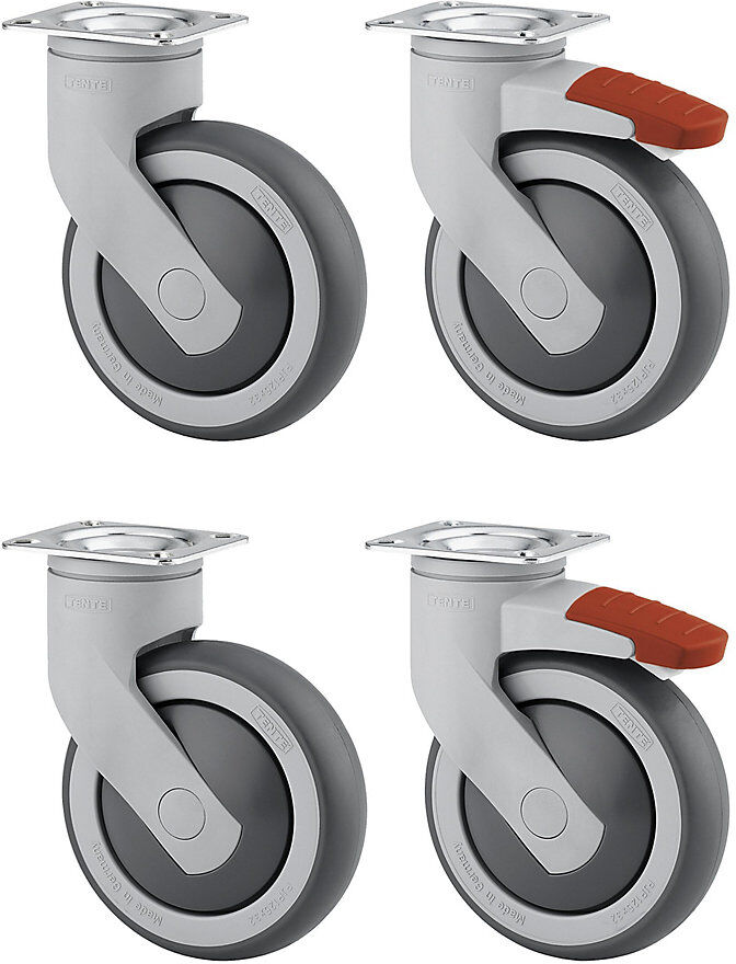 Kunststoffrolle, Set-Angebot, 2 Lenkrollen mit Doppelstopp und 2 Lenkrollen, Montageplatte, Rad-Ø x Breite 125 x 32 mm TENTE