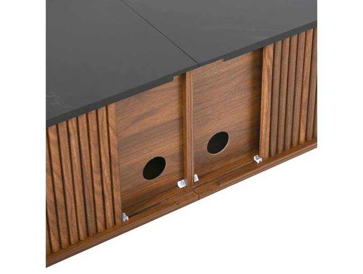 WOVREO Meuble TV 190 x 35 x 45 cm avec 2 portes coulissantes et 2 portes grillees MDF coloris noyer