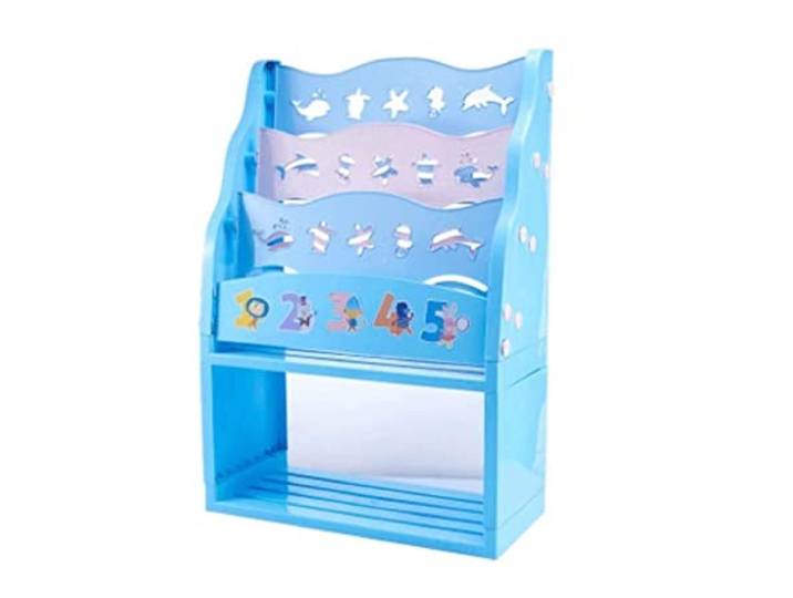 AZHKJKZH Büro-Aufbewahrungsregal Bücherregal Einfaches Zuhause Spielzeug Lagerregal Bücherregale Kunststoff Cartoon Bild Schlafzimmer Wohnzimmer(Blue 4Tiers,Without Basket)