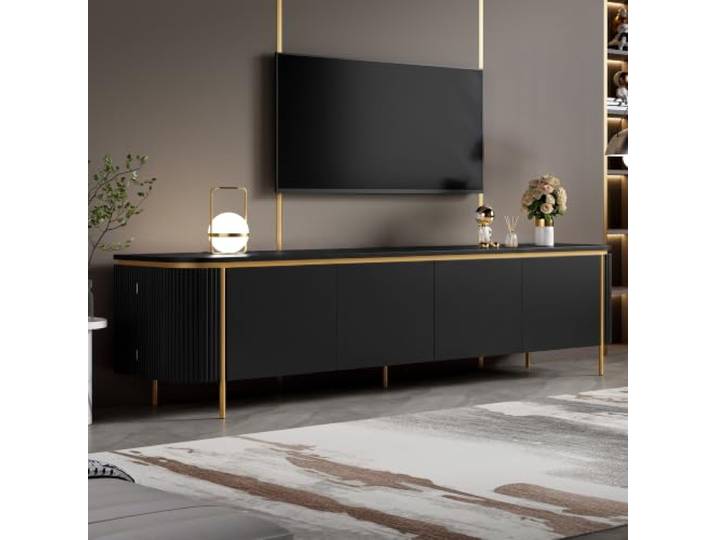 BXEYXE TV Lowboard Fernsehschrank TV Board MDF Eisenfüße 6 Türen abgerundete Enden Riffel Kabeldurchlass Wohnzimmer