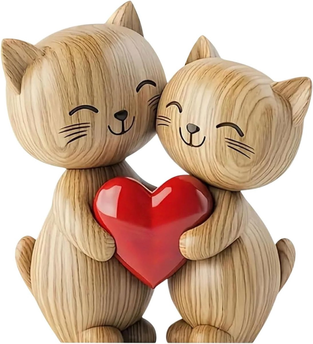 Houten Kat Koppel Beeldhouwwerk - 2D Plankdecoratie met Gedeeld Hart voor Kattenliefhebbers