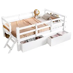 OKWISH Plattformbett 90x200 mit Schutzgeländer und 2 Schubladen – Sicherheit und Stauraum in Weiß für zimmer