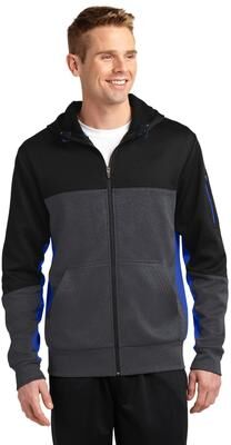 Sport-Tek ST245 Tech Fleece Colorblock Full-Zip Hooded Jacket in black size Small   Polyester