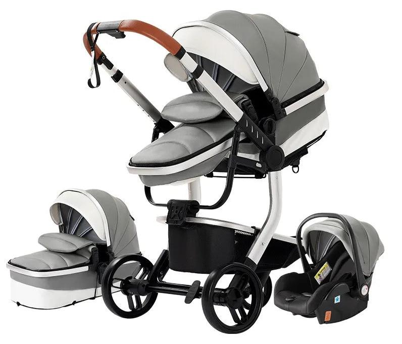 Kinderwagen 3-in-1 - Klappbarer Kinderwagen mit Kunstlederbezug und Babyschale - Grau