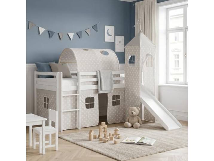 Homestyle4u Kinder-Hochbett 90x200 Weiß - Massivholz Spielbett mit Rutsche