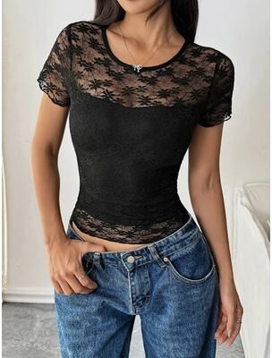 Daily Discovery Elegant Lace Crop Top For Women White Mesh Patchwork Summer Clubwear T Shirt l