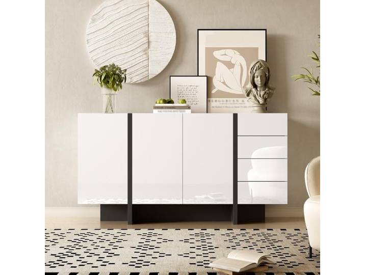 Buffet brillant buffet de cuisine avec 2 portes et 4 tiroirs pour salon et cuisine 150x40x80 5 cm blanc