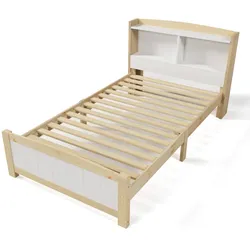 OKWISH Stauraumbett 90x200 cm mit integriertem Bücherregal Taschenfederkernmatratze Holz Konstruktion niedriger Fußteil modernes Design Grau Weiß