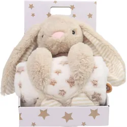 Carlo Baby, Babydecke, - Fleece Blanket Beige Star & Stuffed Animal Beige Rabbit (18433) (90 x 75 cm)