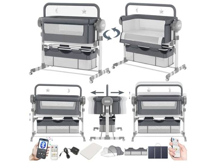 Magic ZC Elektrische Bluetooth Intelligent Beistellbett Baby mit Rollen, Faltbar Co-Sleeping Babybett, Fernbedienung und 5-schwankende Zahnräder, Stubenwagen Kleinkind Wiege mit Musik (608 Grey)