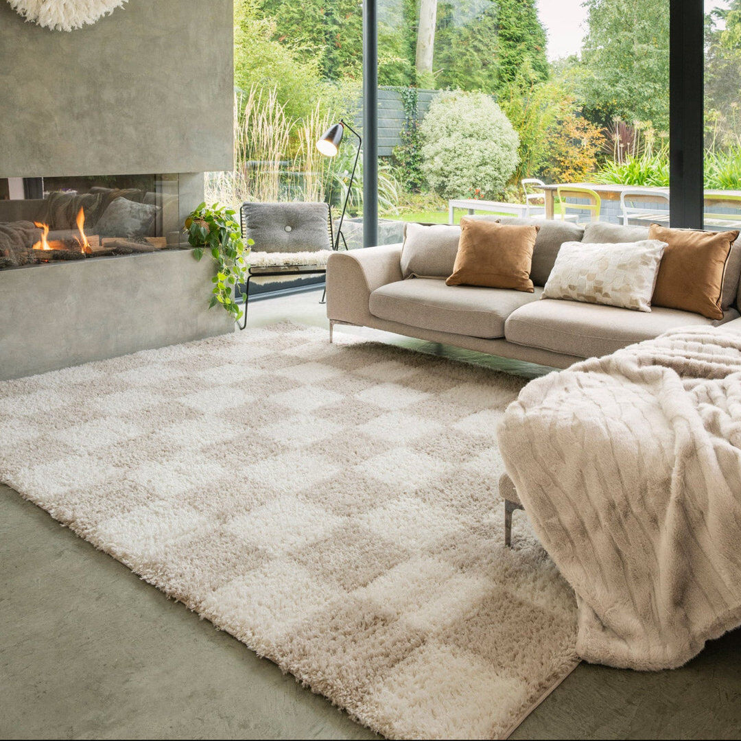 George Oliver Supai Chequered Shaggy Area Rug Beige 160cm x 230cm