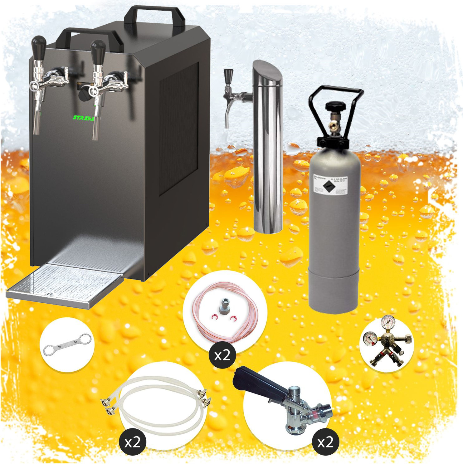 Untertheken Komplett Set - Zapfanlage STREAM 80 Bierkoffer, Bierzapfanlage, Durchlaufkühler 2-leitig Trockenkühler, Zapfkopf:5 Liter Adapter,Zapfkopf 2:5 Liter Adapter