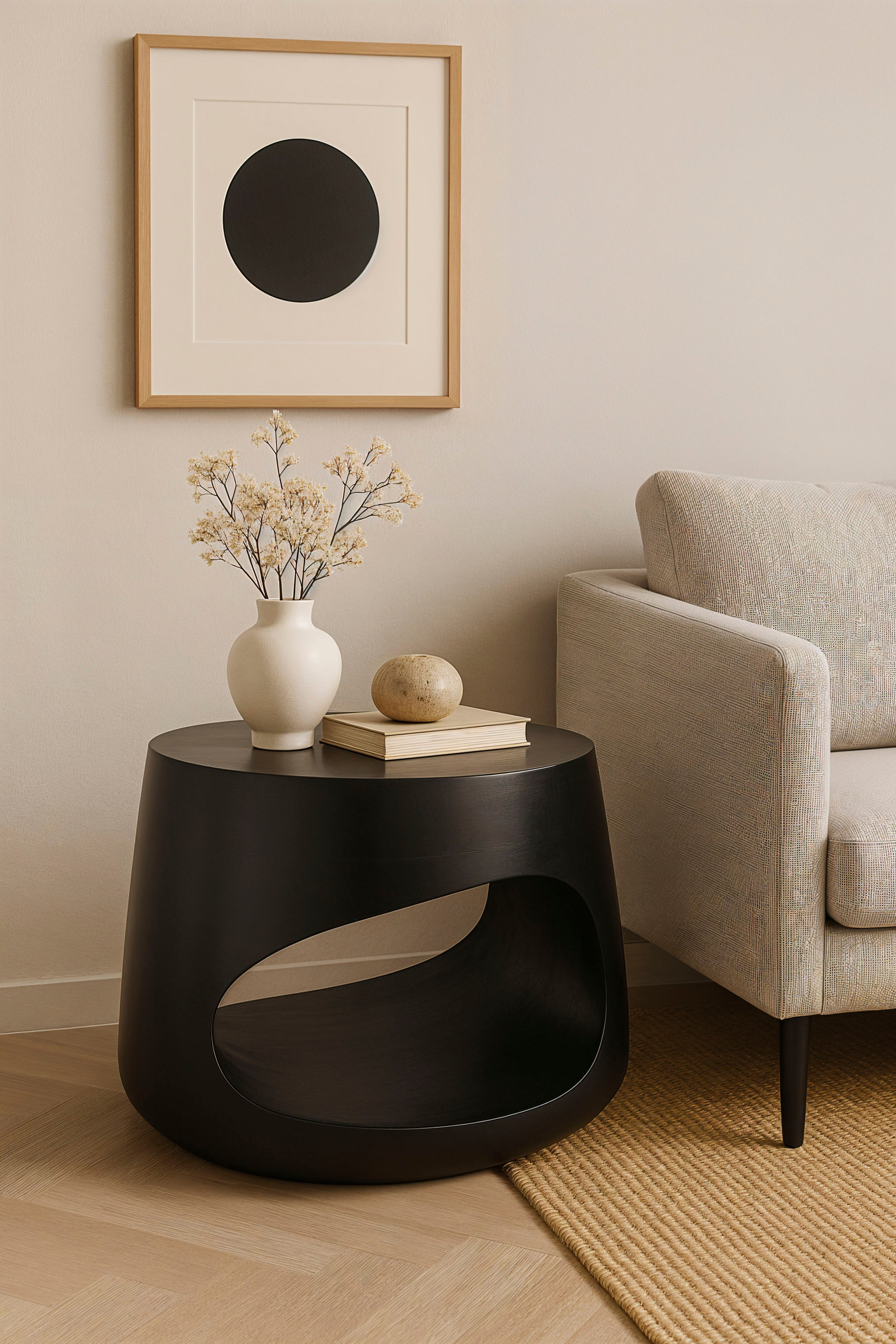 Couchtisch SIT "Lahore rund aus Mango massiv mit offenem Ablagefach", schwarz, B:75cm H:38cm T:75cm, Mango massiv, Tische, Couchtisch, Asymmetrisches Ablagefach mit individueller Holzmaserung schwarz B/H/T: 65cm x 38cm x 65cm,mit offenem Ablagefach