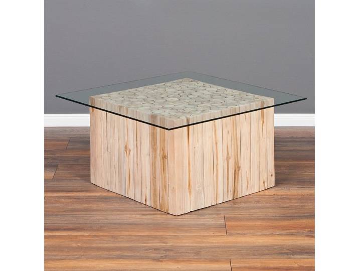 LebensWohnArt Couchtisch Teak Couchtisch JEFF mit Glasplatte 70x70cm Massivholz