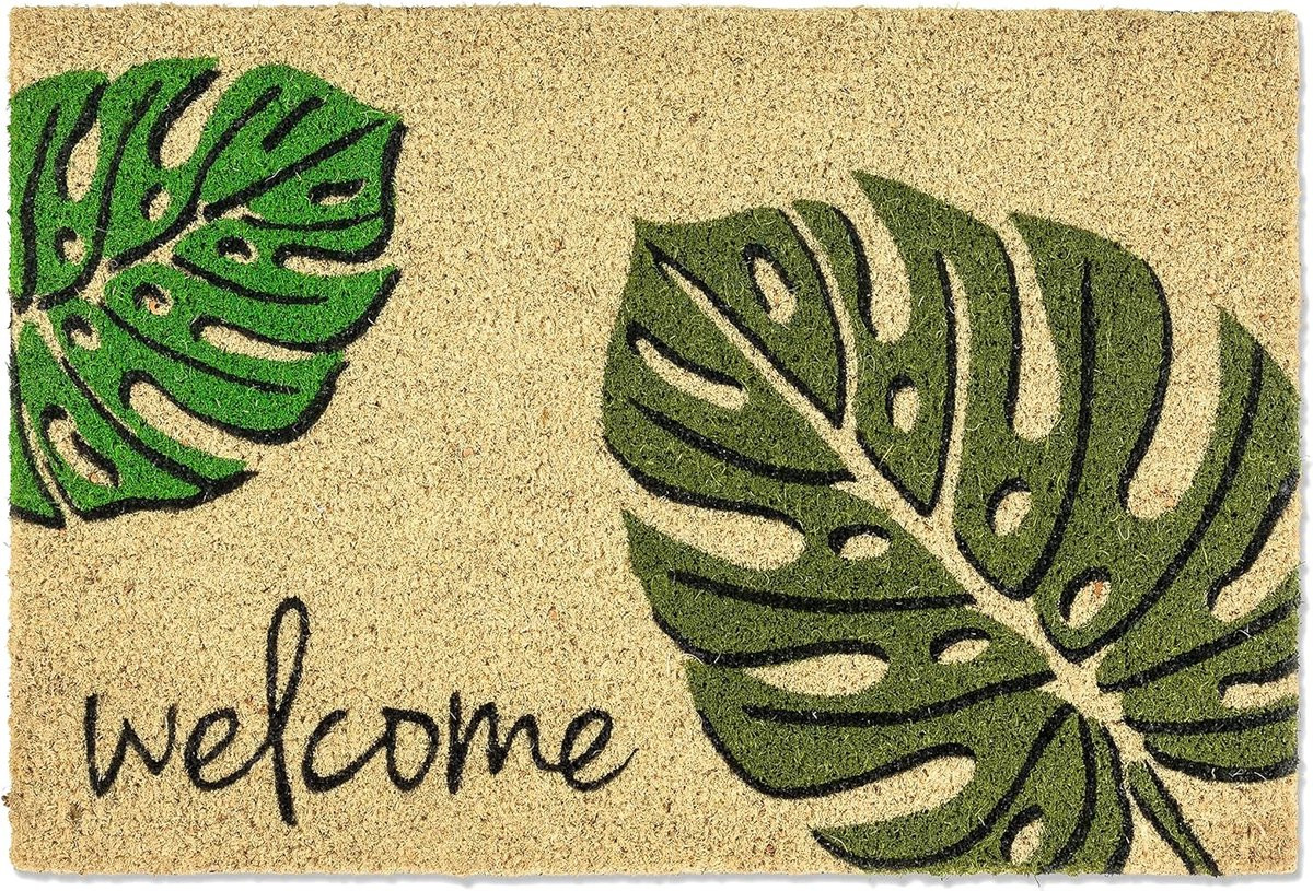 Kokos Voetmat Monstera Welcome – Antibacteriële Entreemat met Vinyl Rug – 40 x 60 cm