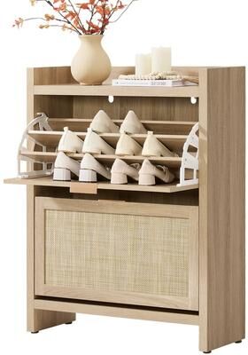 SICOTAS Boho Rattan Shoe Storage Cabinet with Adjustable Shelves