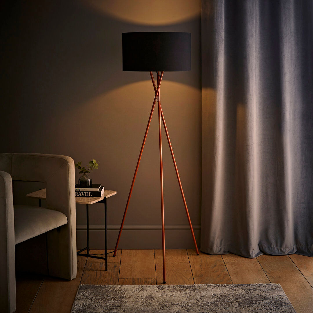 Latitude Run Misner 155cm Camden Tripod Floor Lamp with Large Reni Shade Black/Copper 153cm H X 62cm W X 62cm D