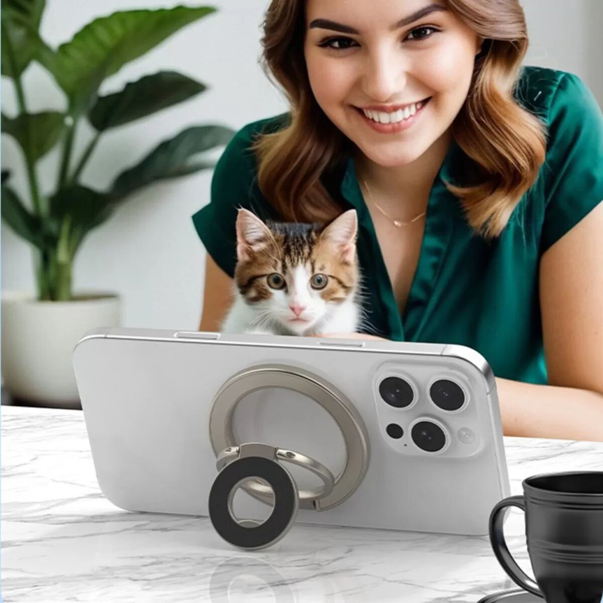 INF Support MagSafe Magnétique - Anneau magnétique double-face en alliage de zinc, support de bureau pliable rotatif 360°, Kaki