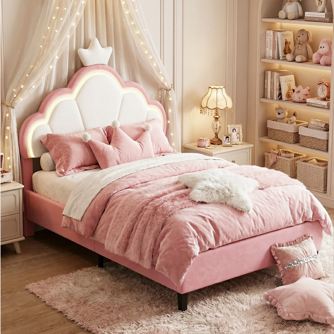 Fairmont Park UK & EU Single & Double Upholstered Princess Bed With LED Crown Headboard, Pink Velvet Pink Single (3')