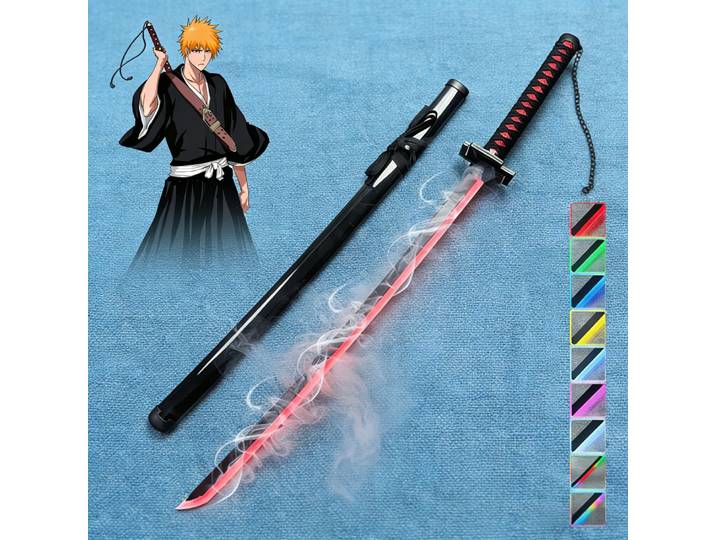 Katana Kurosaki Ichigo de 40 pouces, taille réelle, avec LED et modes d'effet de fumée, accessoire de cosplay anime, couteau jouet non affûté, cadeau