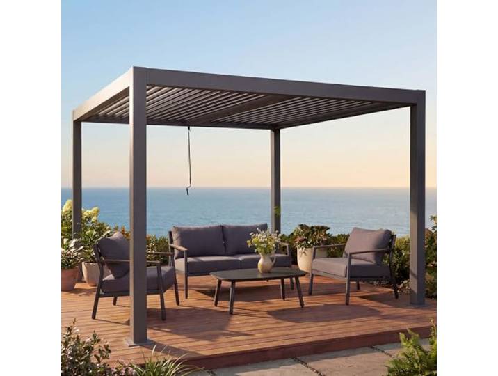 Mendler Pergola HWC-L46 10cm-Aluminium-Gestell 3x4m - anthrazit Gartenpavillon, Lamellen-Pavillon, Regenrinne, sturmfest