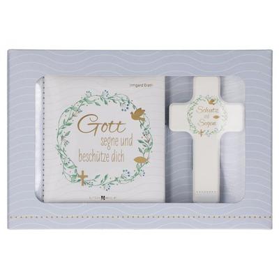 Butzon & Bercker Geschenkset zur Taufe 15 x 22 x 2 cm – Holzkreuz aus Buchenholz weiß lackiert mit Taufspruch, gebundenes Buch 11 x 11 cm, Lieferung